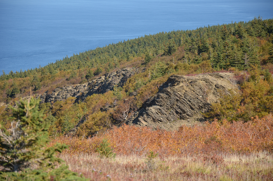 Detail of the rocks and ridge along the unnamed brook valley as seen from the north summit of Meat Cove Mountain