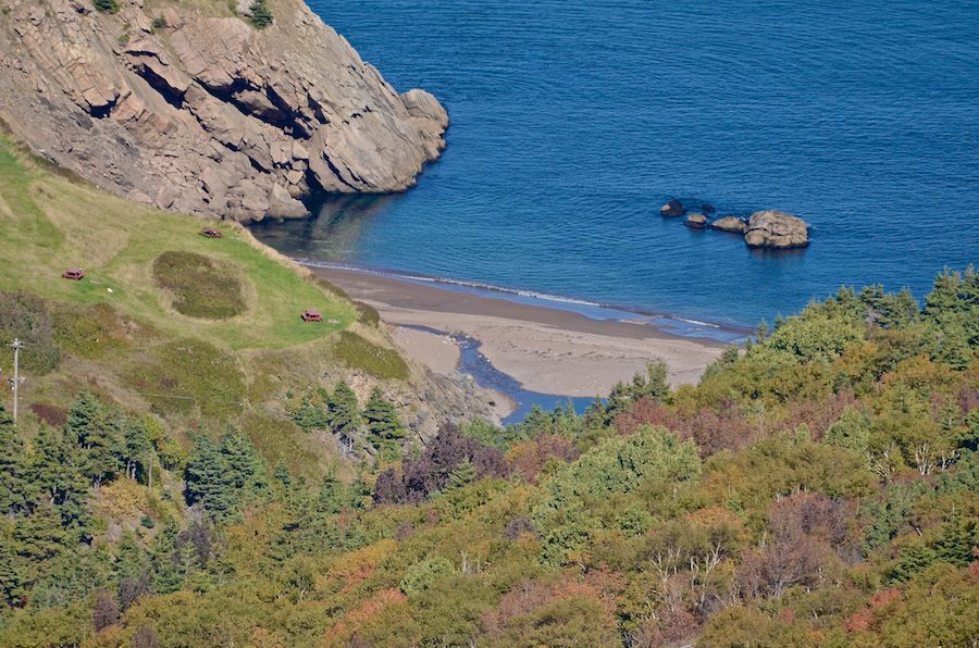 The mouth of Meat Cove Brook and the Meat Cove Beach as seen from Meat Cove Mountain