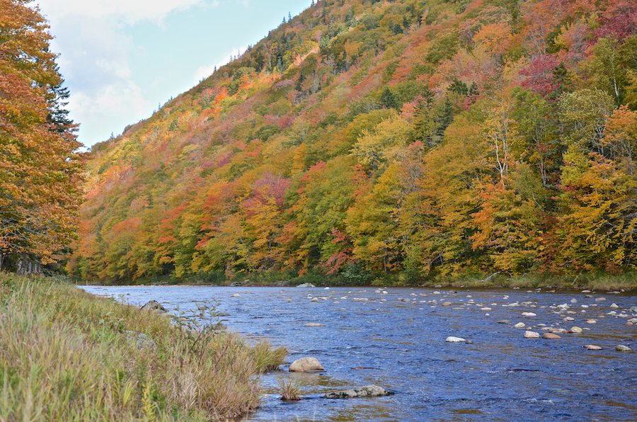 The slopes of Sugarloaf Mountain rise above the Northeast Margaree River at the Big Intervale Fishing Lodge