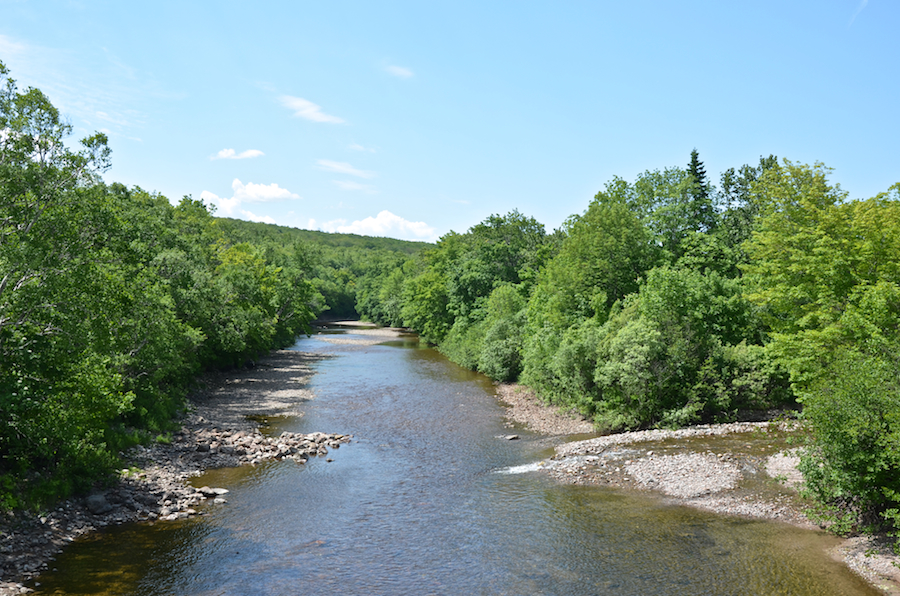 Looking upstream at the North Aspy River from the bridge on the Bay St Lawrence Road